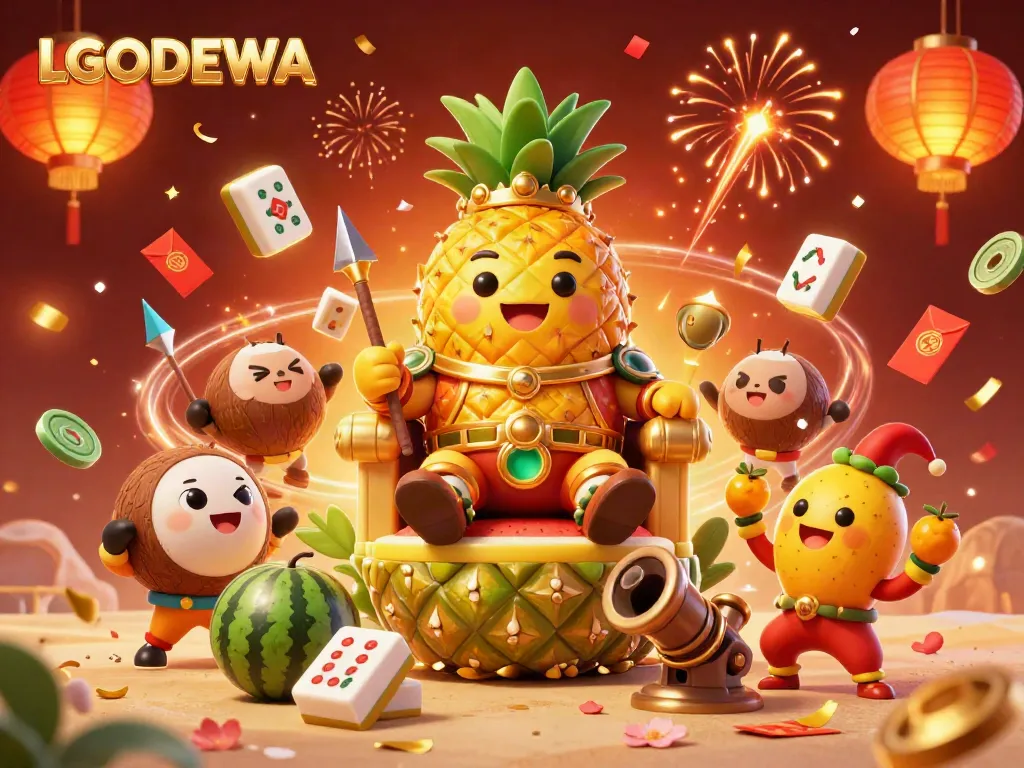 Engage with LGODEWA's casino experience featuring vibrant characters and dynamic gaming elements in a lively 3D illustration.