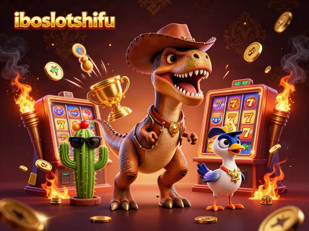 Engaging iboslotshifu illustration showcasing a T-Rex cowboy with gaming symbols in a vibrant casino atmosphere