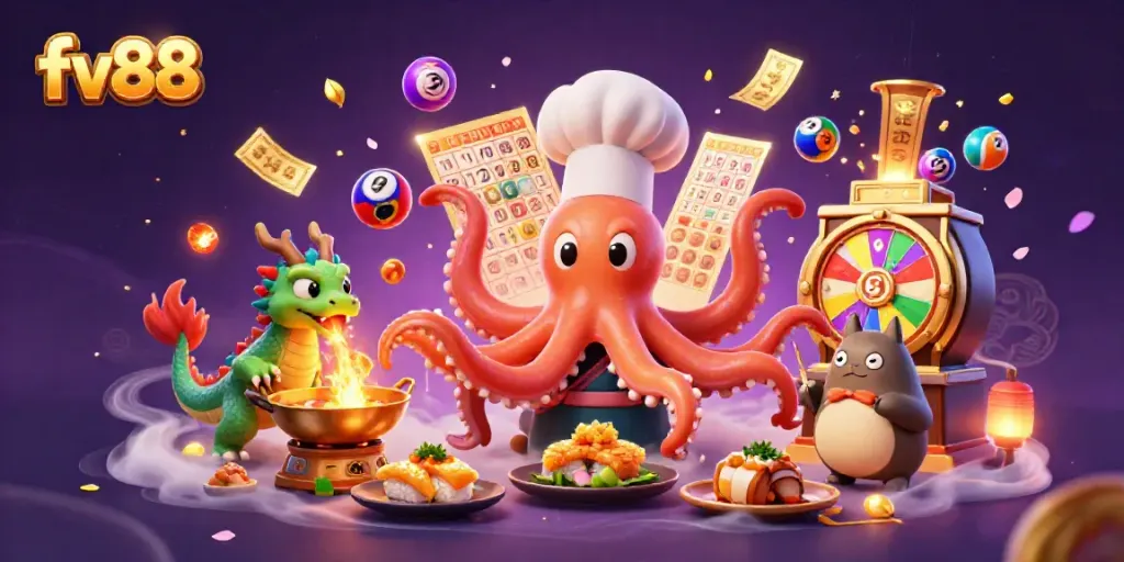 Experience the fun of lotteries and games with fv88 in this vibrant casino-themed illustration.