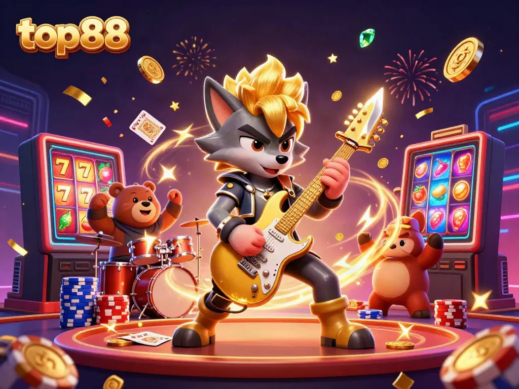 Experience top88's thrilling atmosphere with animated characters and vibrant casino elements in action.