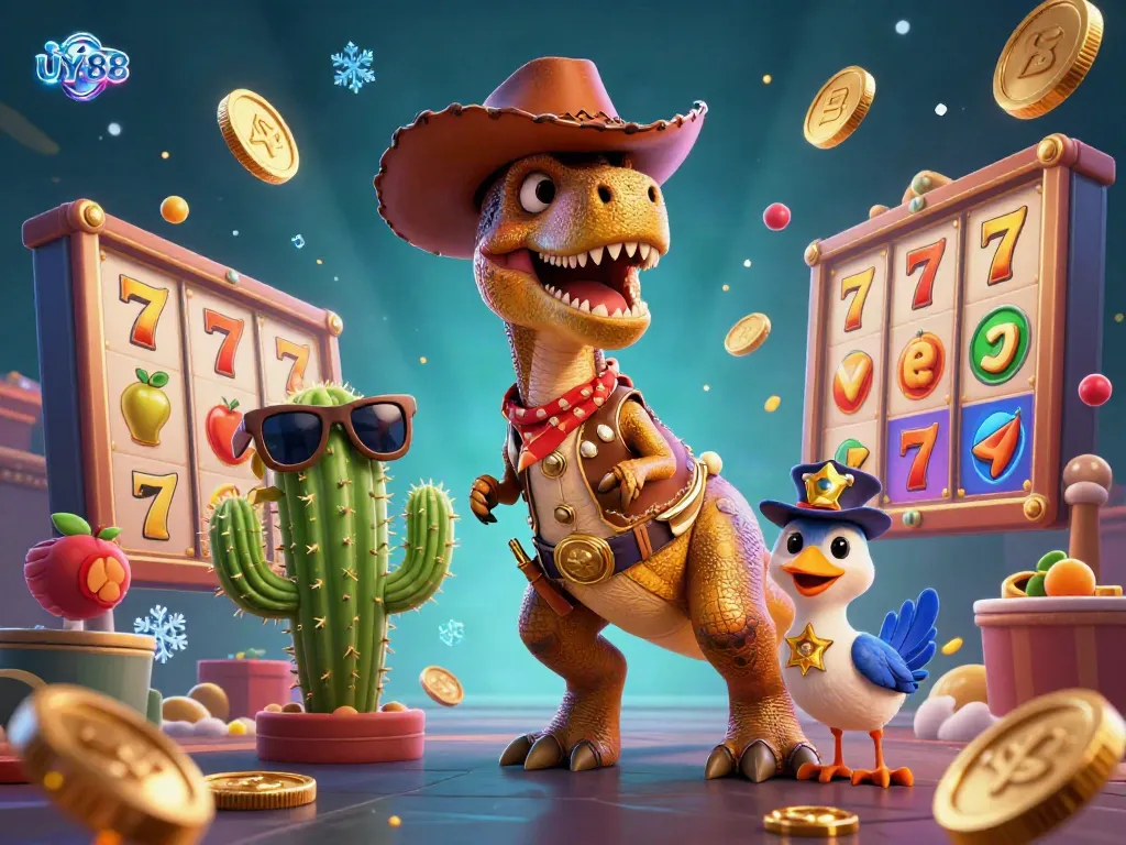 Experience jackpot excitement with UY88 featuring lively cartoon characters and vibrant slot elements.