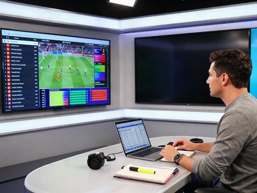 Dynamic football analysis scene with analysts reviewing TOP10 สโมสร statistics and highlights.