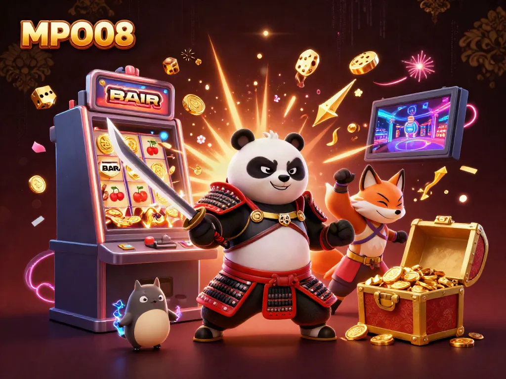 MPO08 showcases a dynamic scene with a samurai panda, a ninja fox, and a spirit tanuki in a vibrant casino environment.