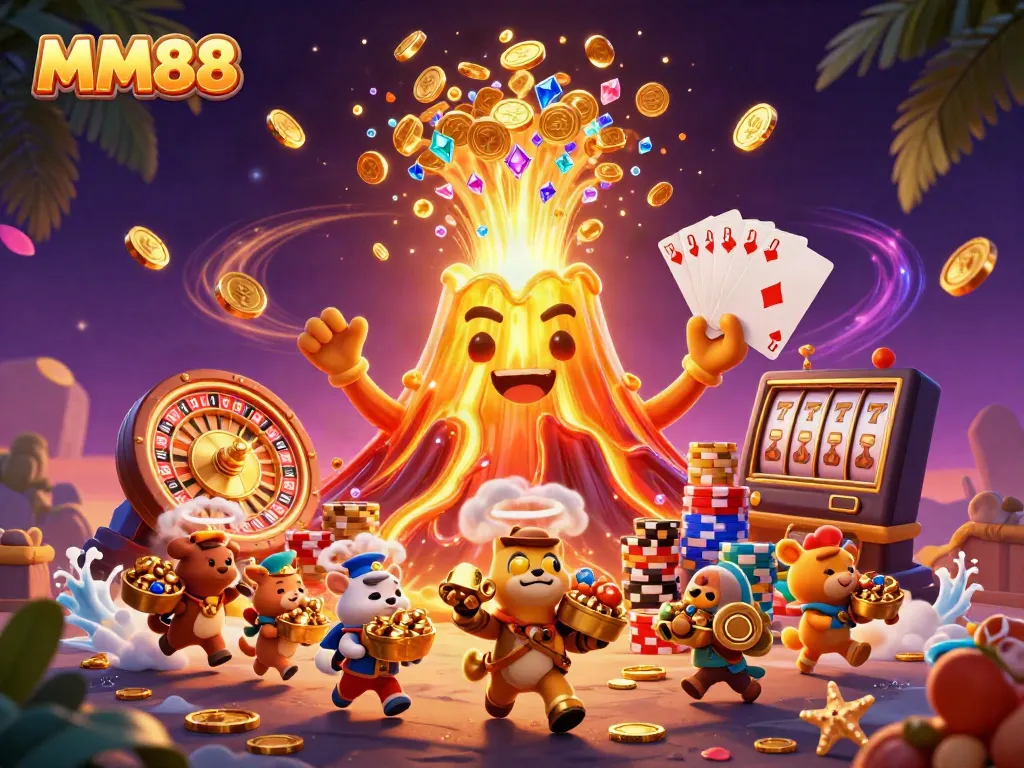 Win big at MM88 with treasures exploding from a golden volcano in this vibrant illustration.