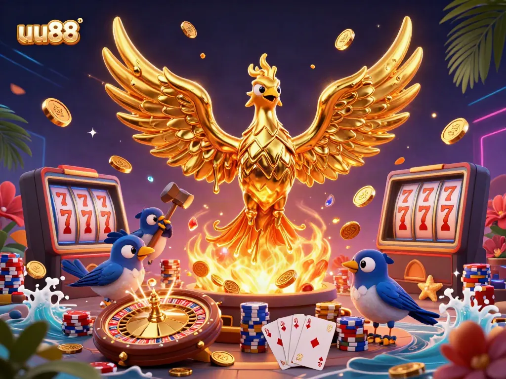 Experience the thrilling uu88 gaming world with a golden phoenix and dynamic casino elements.