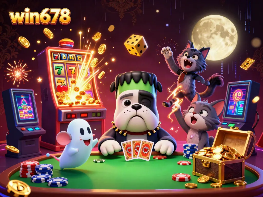Win678 players experience thrilling card games at a spooky casino table, surrounded by jackpots and excitement.