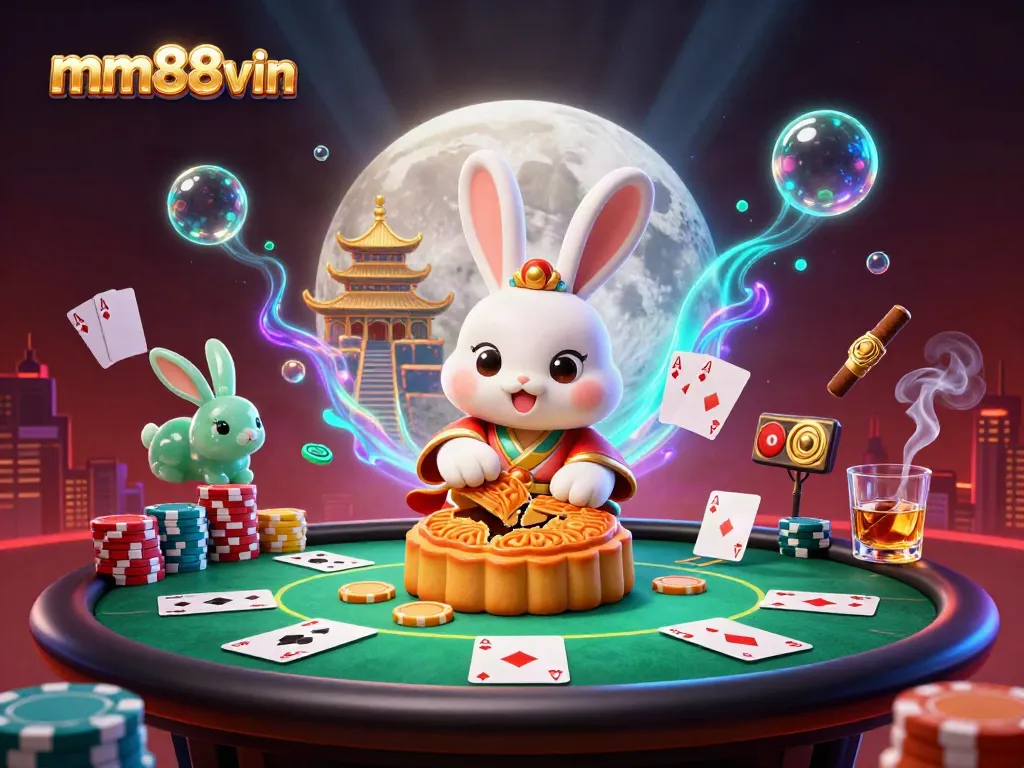 Engage with the excitement of gambling as mm88vin showcases a rabbit and jade companion on the moon, surrounded by casino elements.
