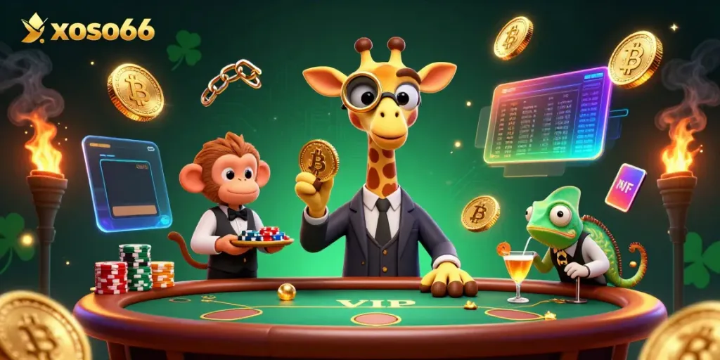 Engage with the xoso66 experience as a giraffe bets big at a VIP poker table surrounded by vibrant casino elements.