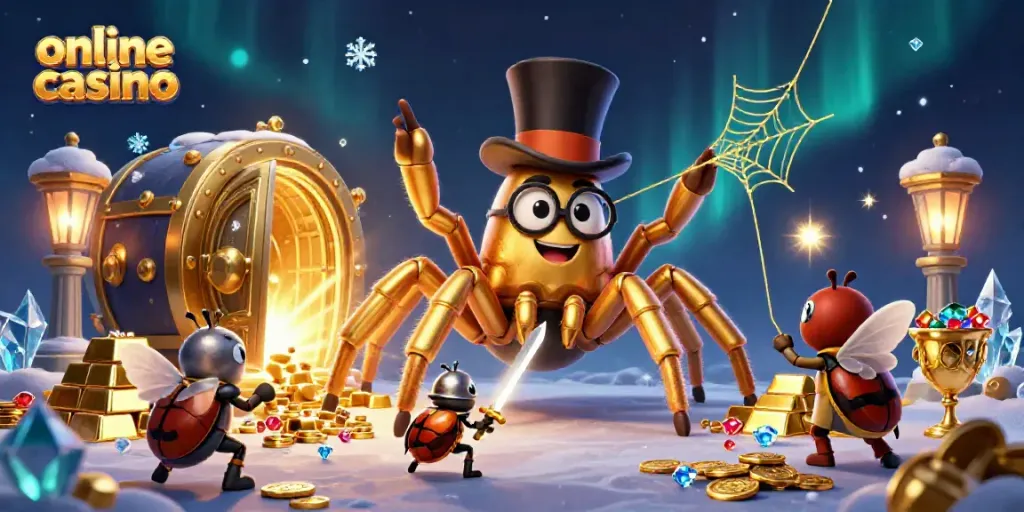 Watch a giant golden tarantula weave its web in an online casino scene filled with treasure.