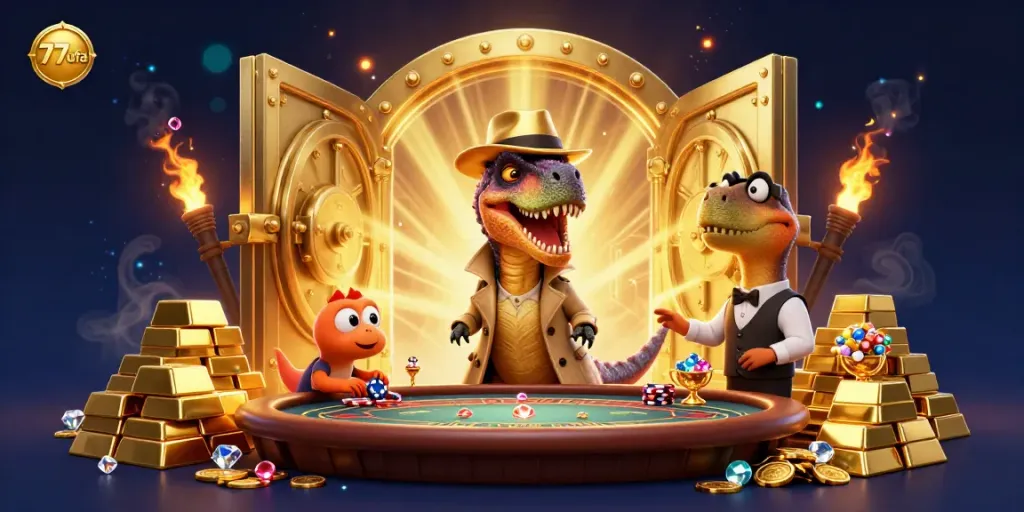 Experience excitement with 77ufa as velociraptor card counters attempt to win big at blackjack surrounded by treasure.