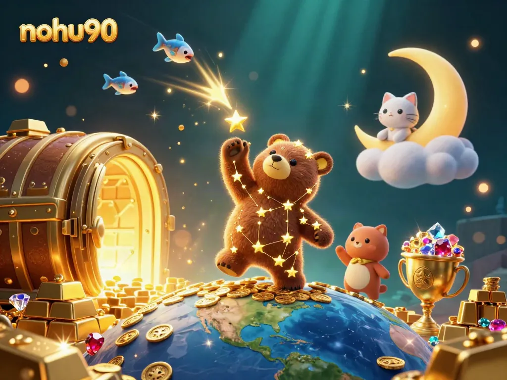 Experience the thrill of nohu90 with vibrant casino-themed imagery full of treasures and cosmic characters.