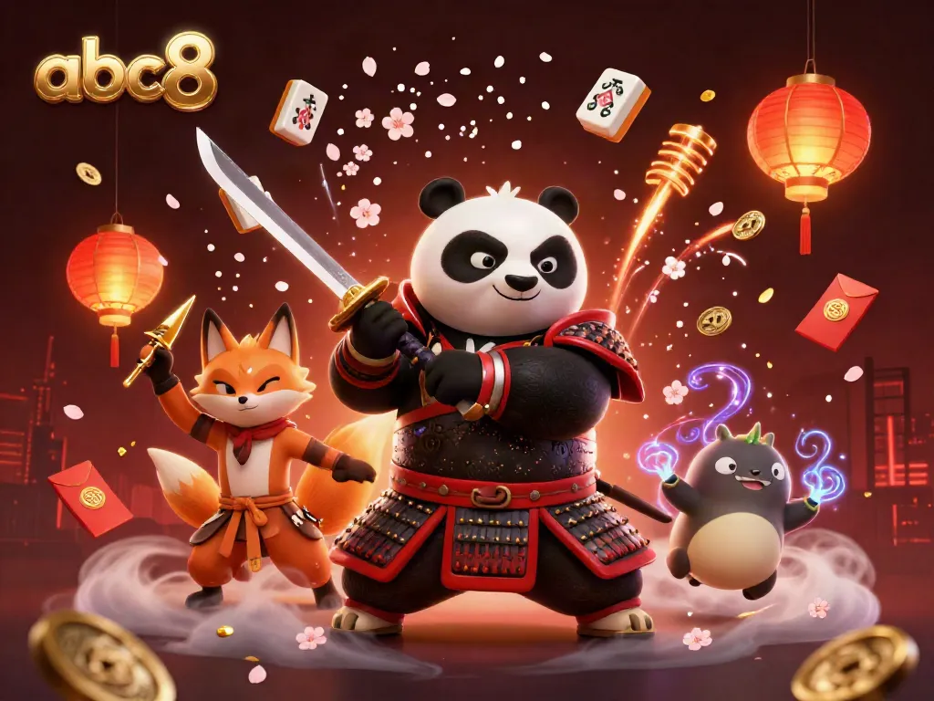 Engage with thrilling adventures at abc8, featuring a dynamic scene of casino excitement with samurai panda and ninja fox.