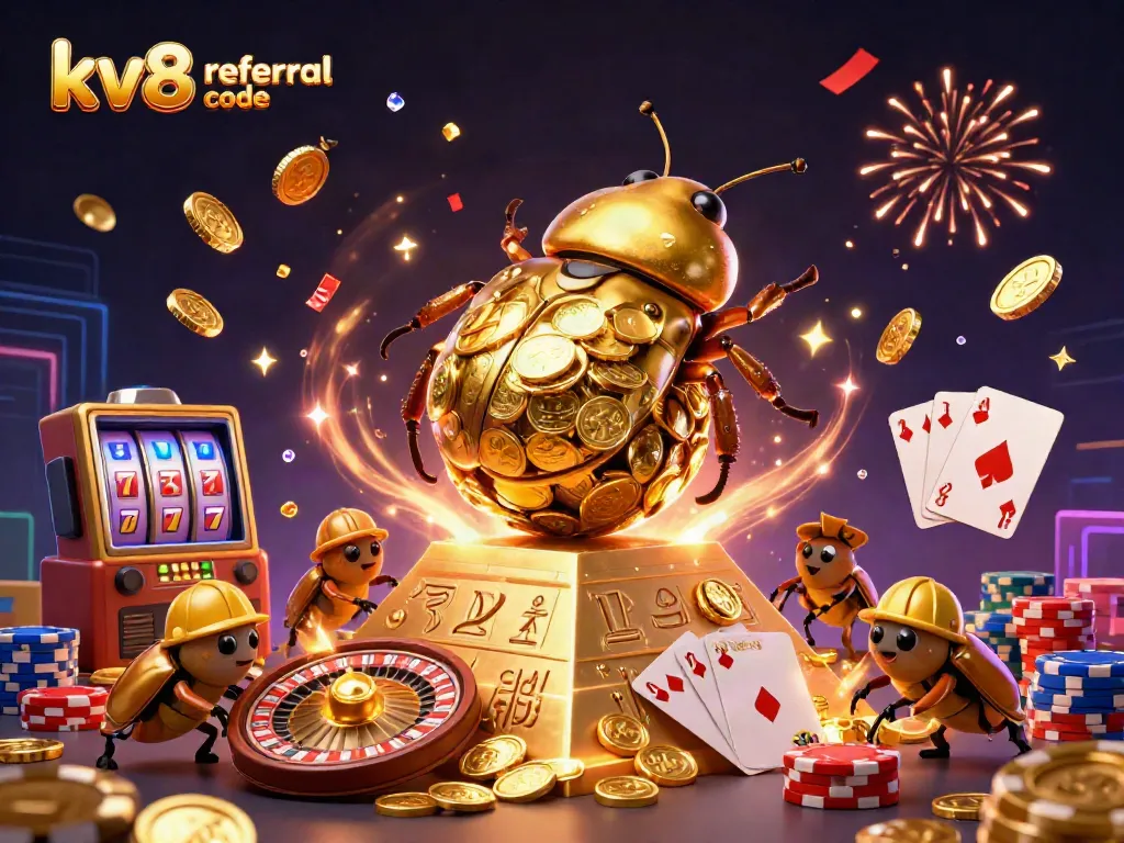 A vibrant digital illustration showcasing the kv8 referral code with a golden beetle and casino elements, celebrating winnings.