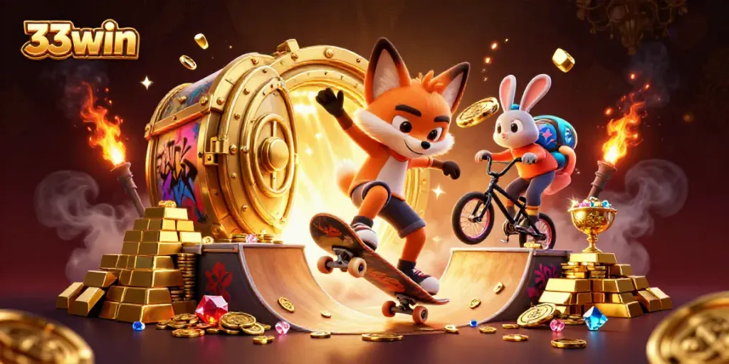 Experience the dynamic world of 33win with a fox doing tricks over golden poker chips.