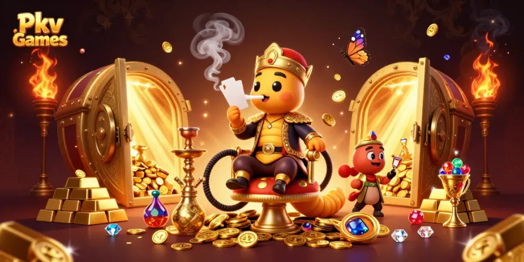Pkv Games features an imaginative scene with a sultan caterpillar, poker hand symbols, and gold treasures.