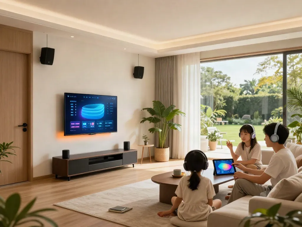 Smart audio system in a luxurious setting at خانه هوشمند جهان اسمارت, showcasing family interaction.