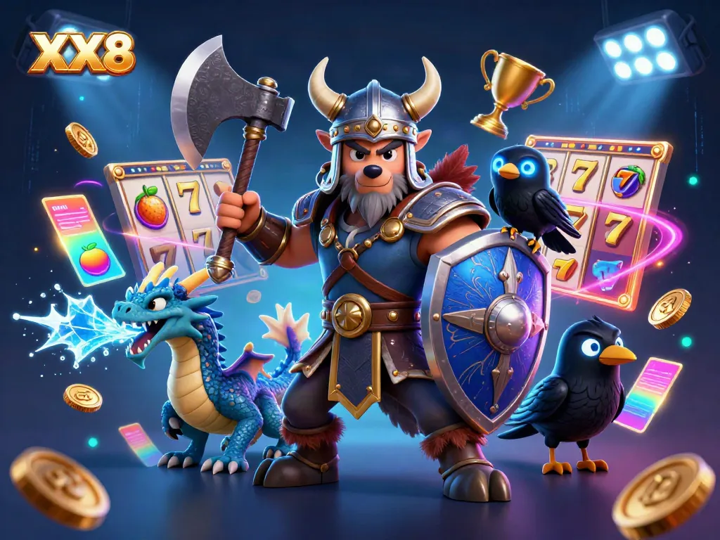 Engage with XX8 in an exciting 3D casino scene featuring a Viking wolf warrior, dragon, and dynamic casino elements.