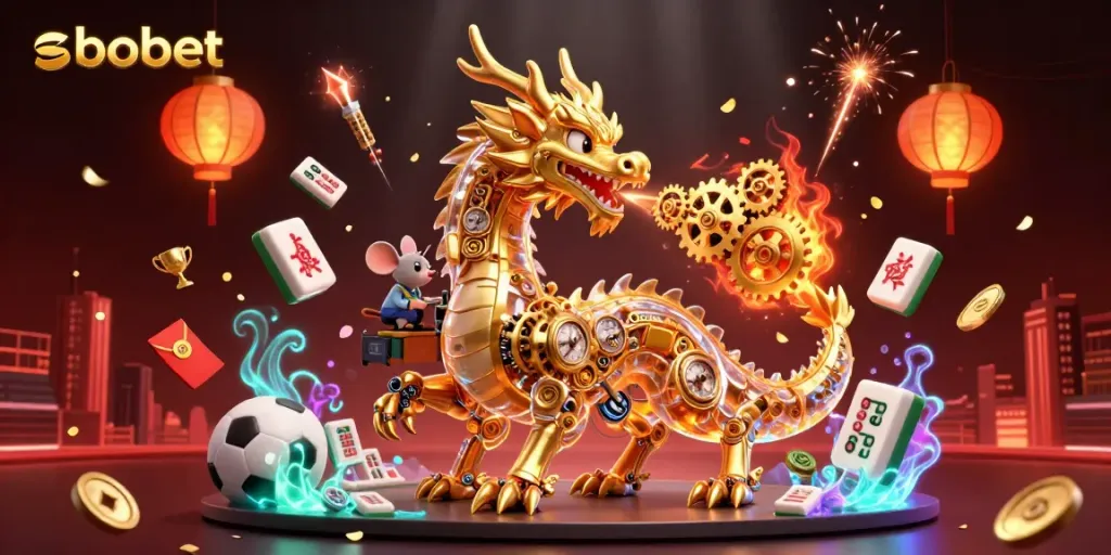 Engage in sbobet betting as a golden dragon breathes gears, with vibrant casino elements around