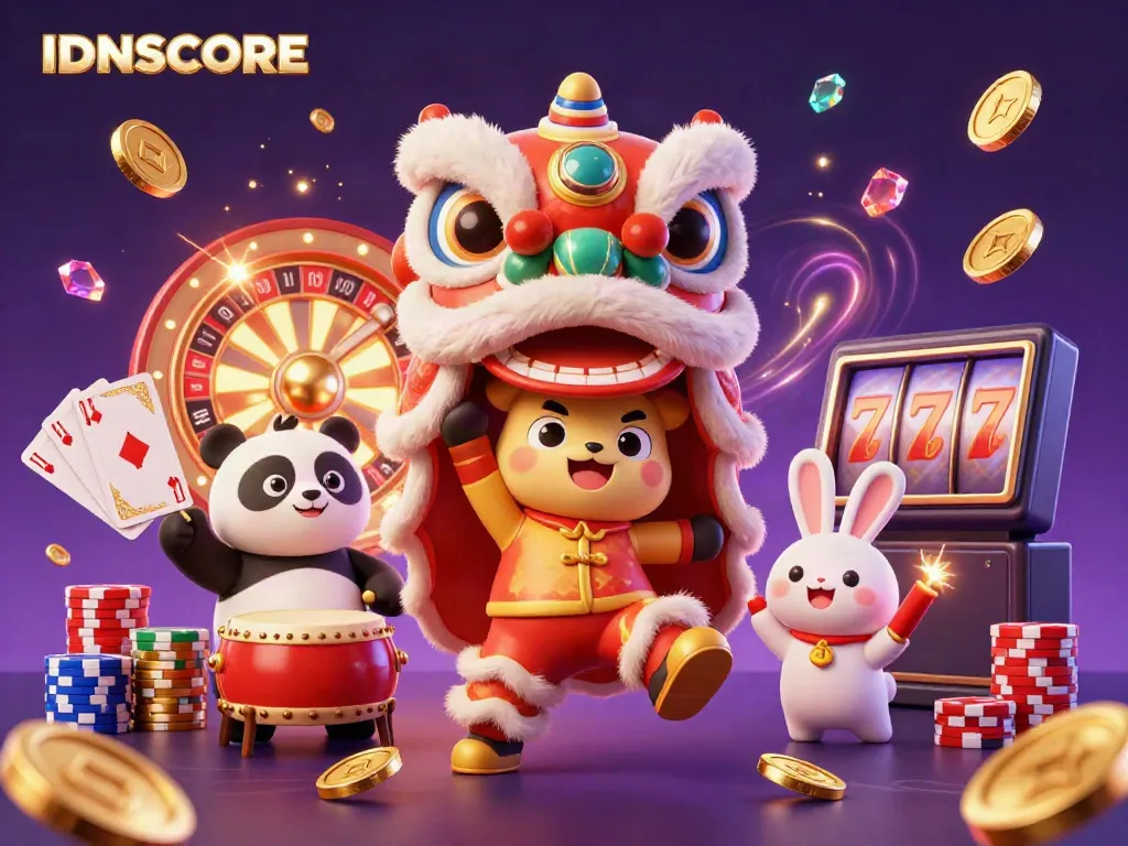 IDNSCORE celebrates the excitement of online gaming with vibrant characters and dynamic casino elements.