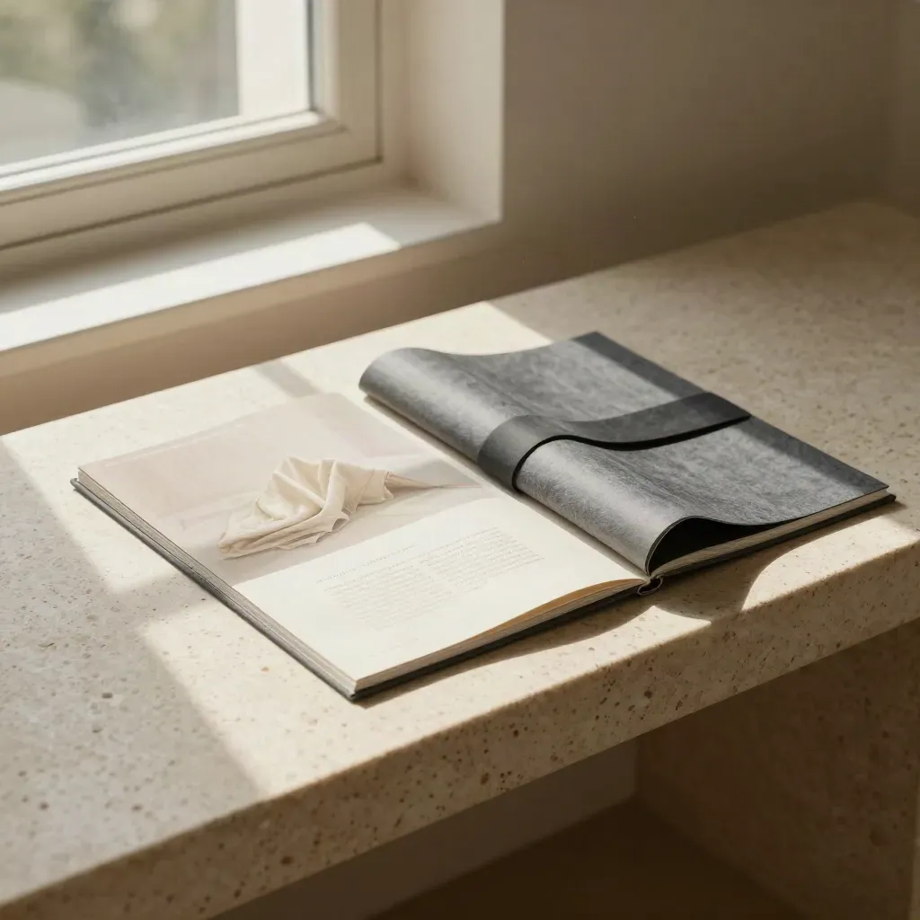 Website bundle folio, textile board and sleeve on travertine in soft window light.