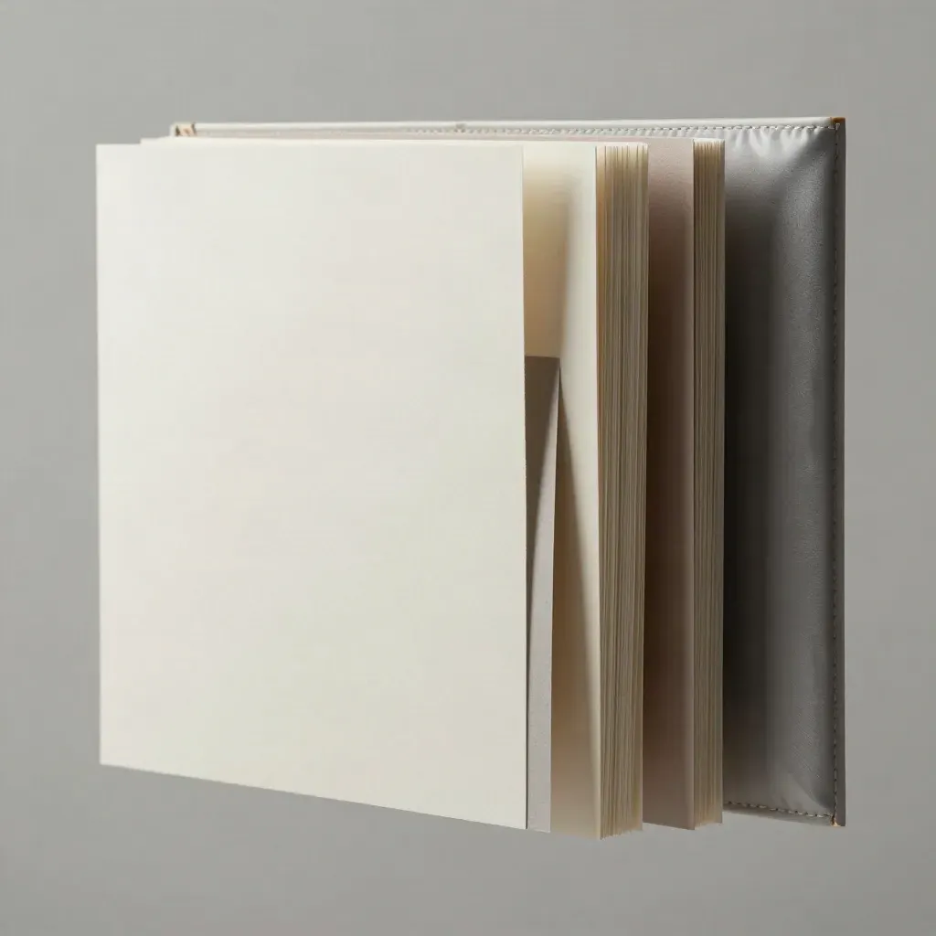 Floating identity system board with die-cut sheets, color chips, and wrapped spine sample in ash-grey studio light.