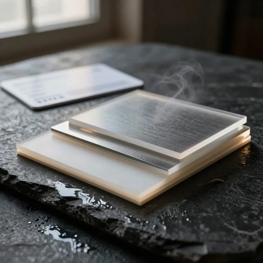 Frosted acrylic, paper and metal logo tiles sliding across wet stone in dramatic rim light.