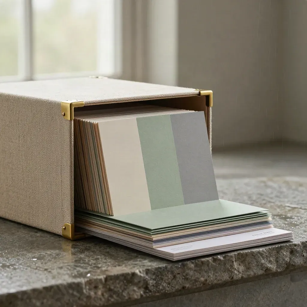 Open launch kit box with brass corners, swatches, proof folios, and stone-led studio light