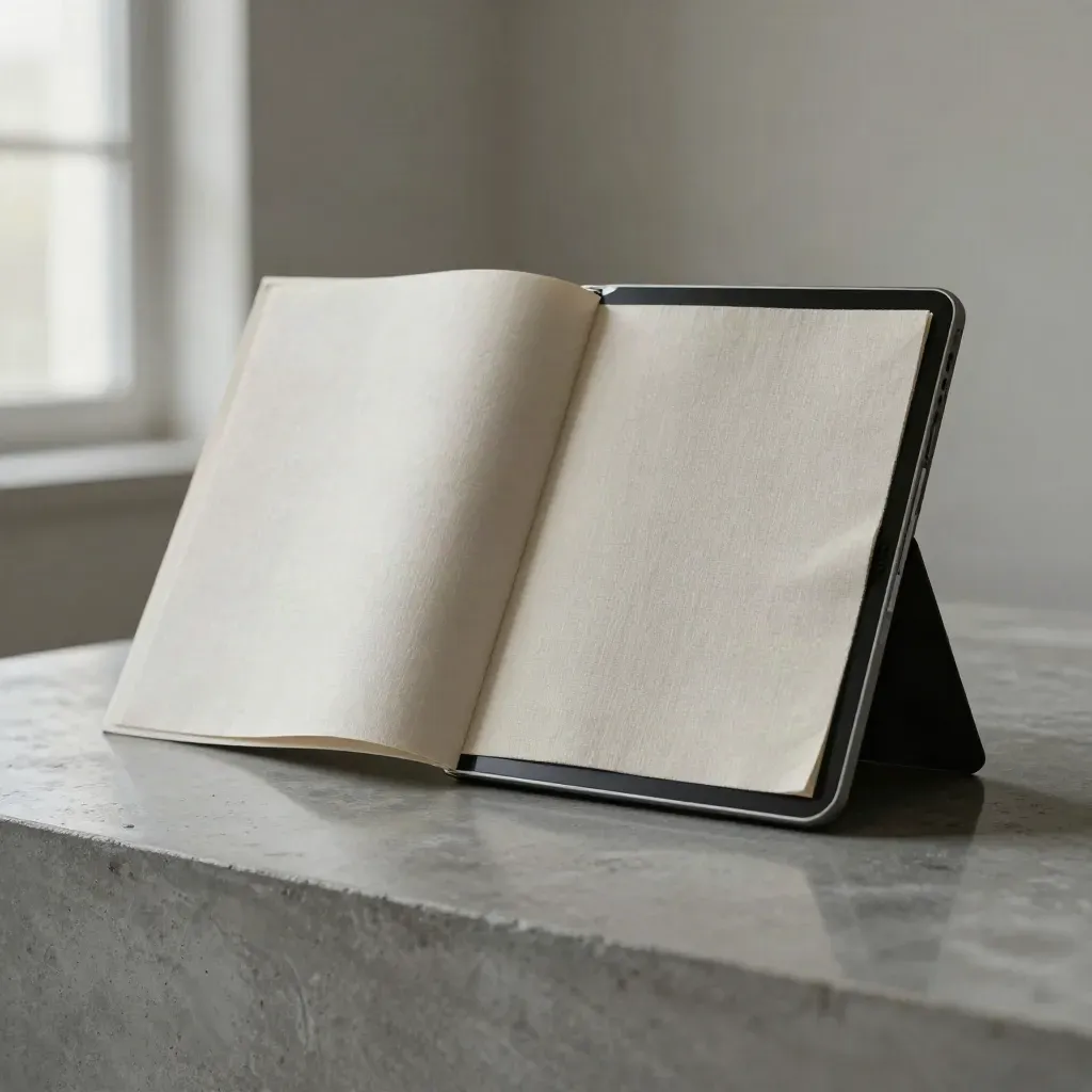 Matte tablet and page boards on a concrete plinth with linen swatch in soft daylight