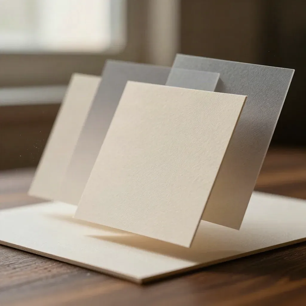 Macro of floating social post paper tiles, gradient cards and translucent sheet over a dark board.
