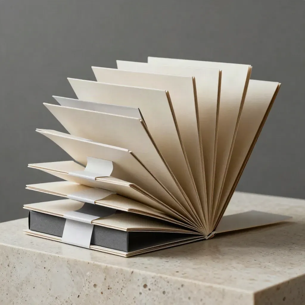 Packaging kit with nested cartons and print boards on travertine, softly lit and premium.