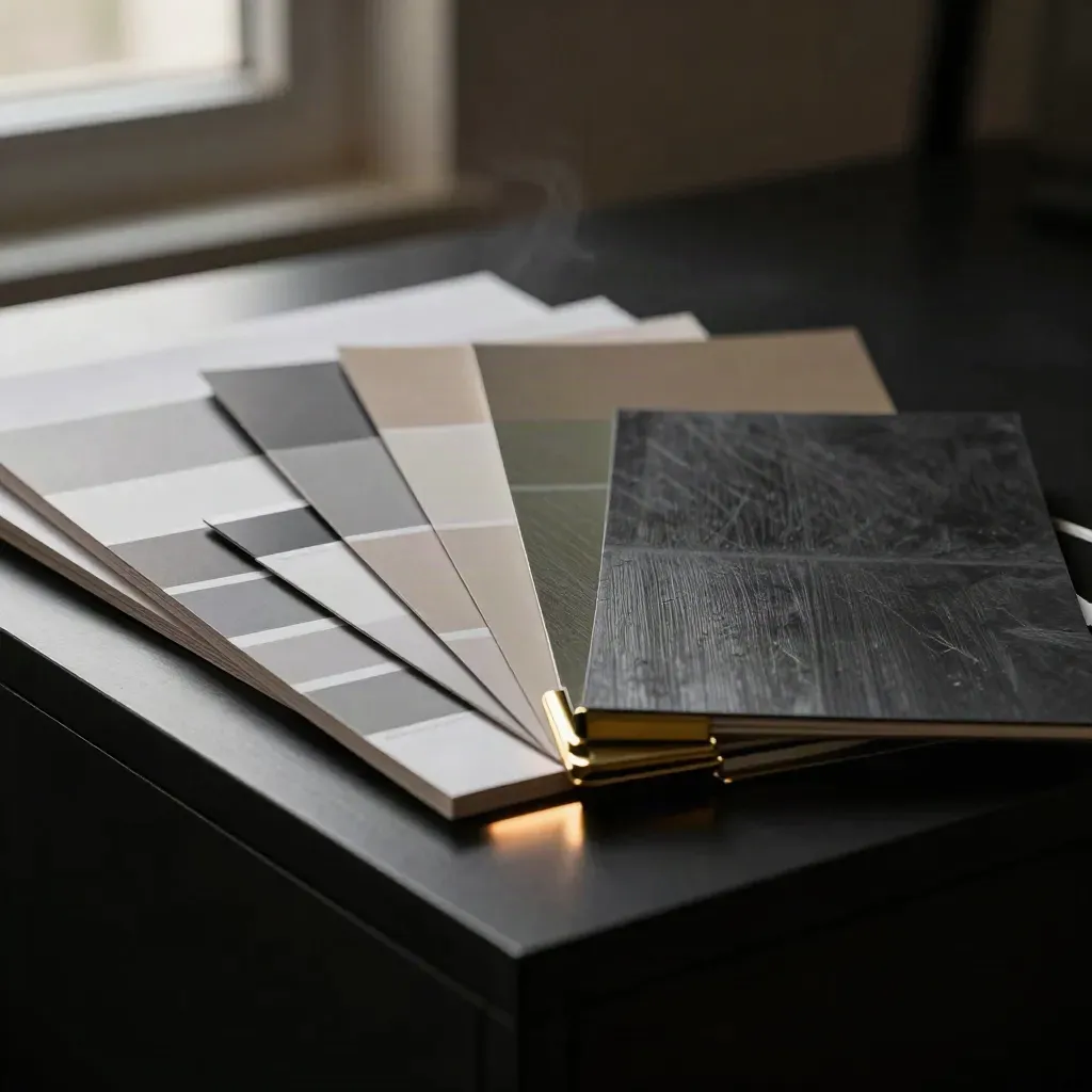 Dark studio boards with swatches, folded strip, and brushed metal sample lit by brass rim light.