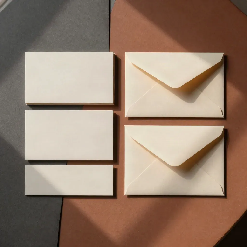 Overhead flatlay of a launch collateral pack with blank cards and sealed envelopes on warm clay.