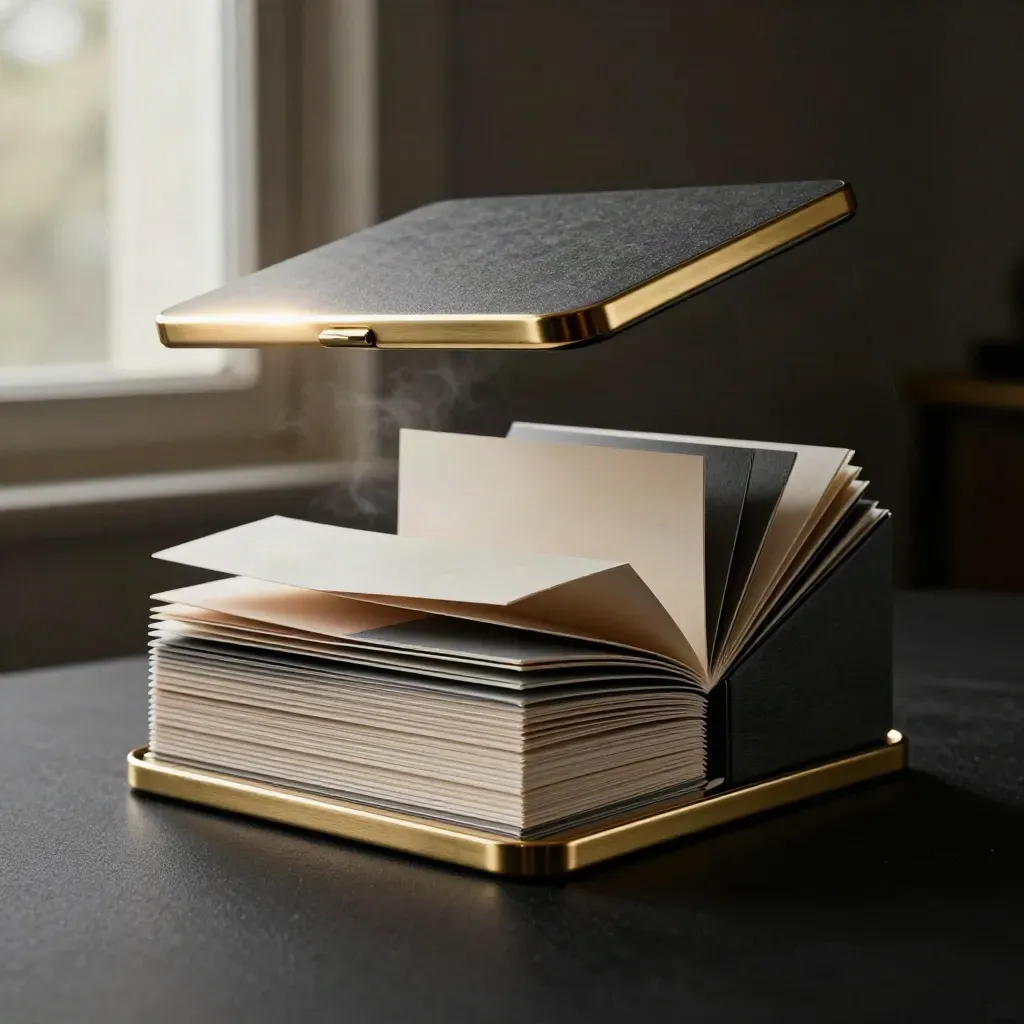 Brass-edged brand launch kit with swatches and inserts bursting open on a dark studio surface