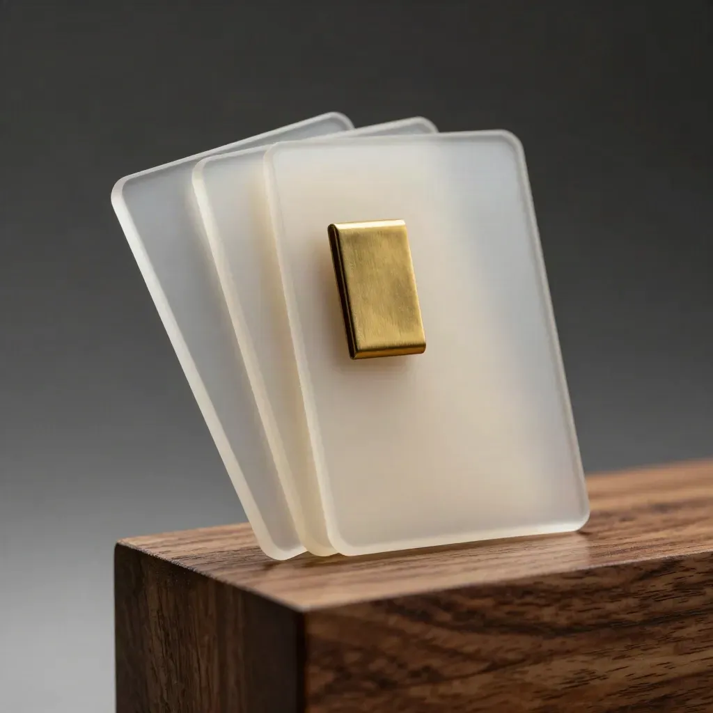 Fanned frosted acrylic logo plates, brass clip, and proof sleeve on walnut