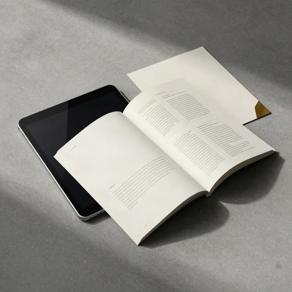 Overhead flatlay of a slate tablet, folded maquettes and navigation cards on concrete.