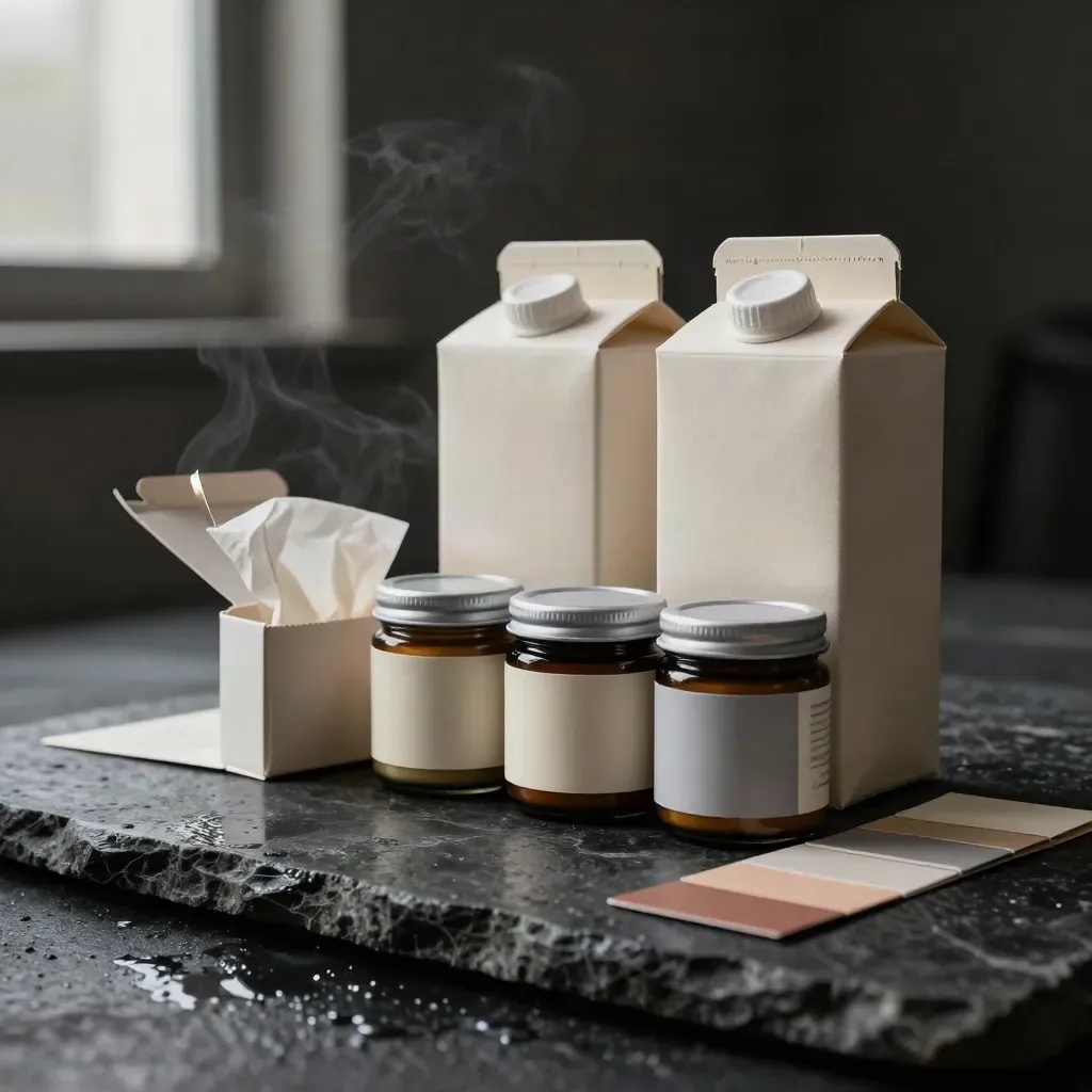 Open sample cartons, unlabeled jars and swatch strip on wet dark stone in dramatic studio light.