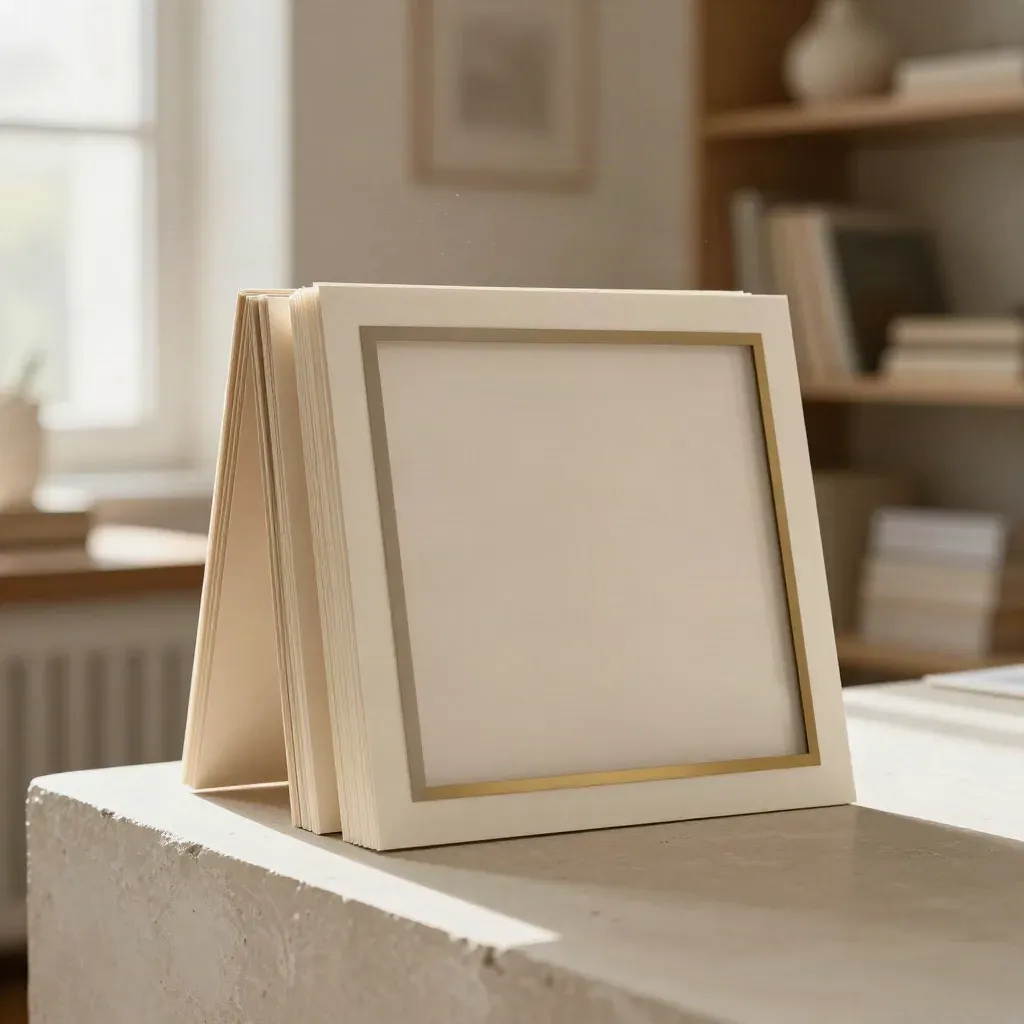 Square post boards and translucent overlays lean together on a plaster plinth in soft daylight.