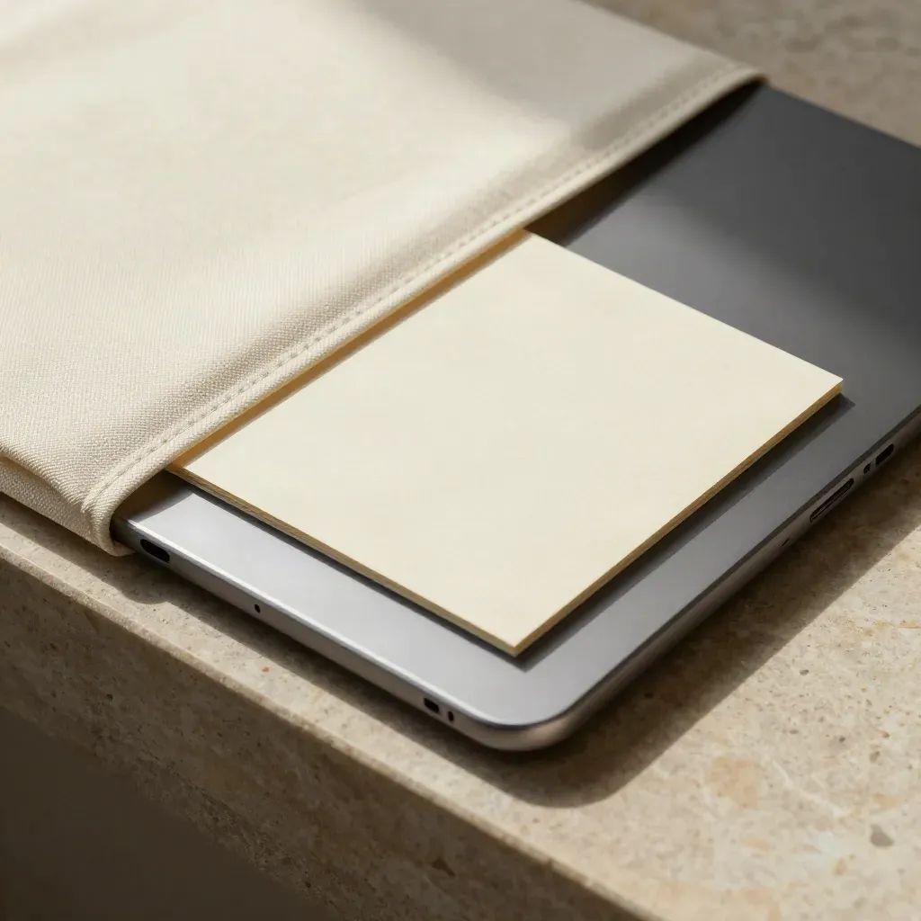 Closed tablet with woven ivory sleeve and folded card on warm limestone, lit by a soft studio glow.