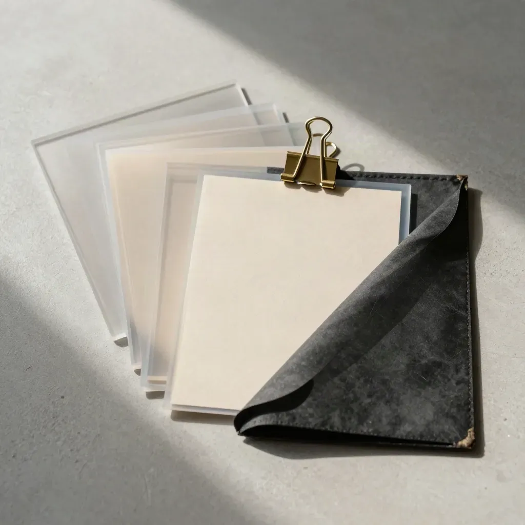 Overhead flatlay of translucent pitch deck slides, brass clip, and charcoal sleeve on concrete.