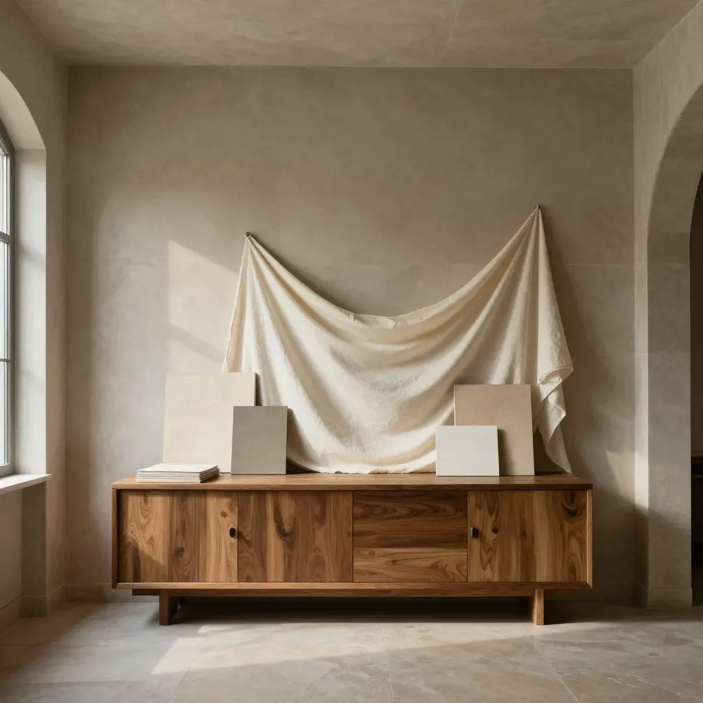 Limestone atelier interior with arched opening, oak sideboard, and draped ivory textile in soft window light.