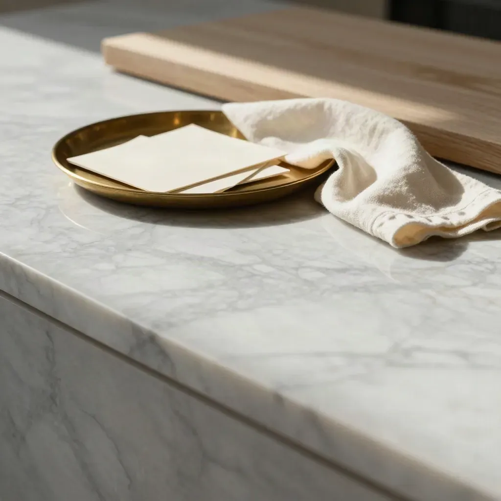 Sunlit marble surface with brass tray, folded cream cloth, and wood edge for brand copy