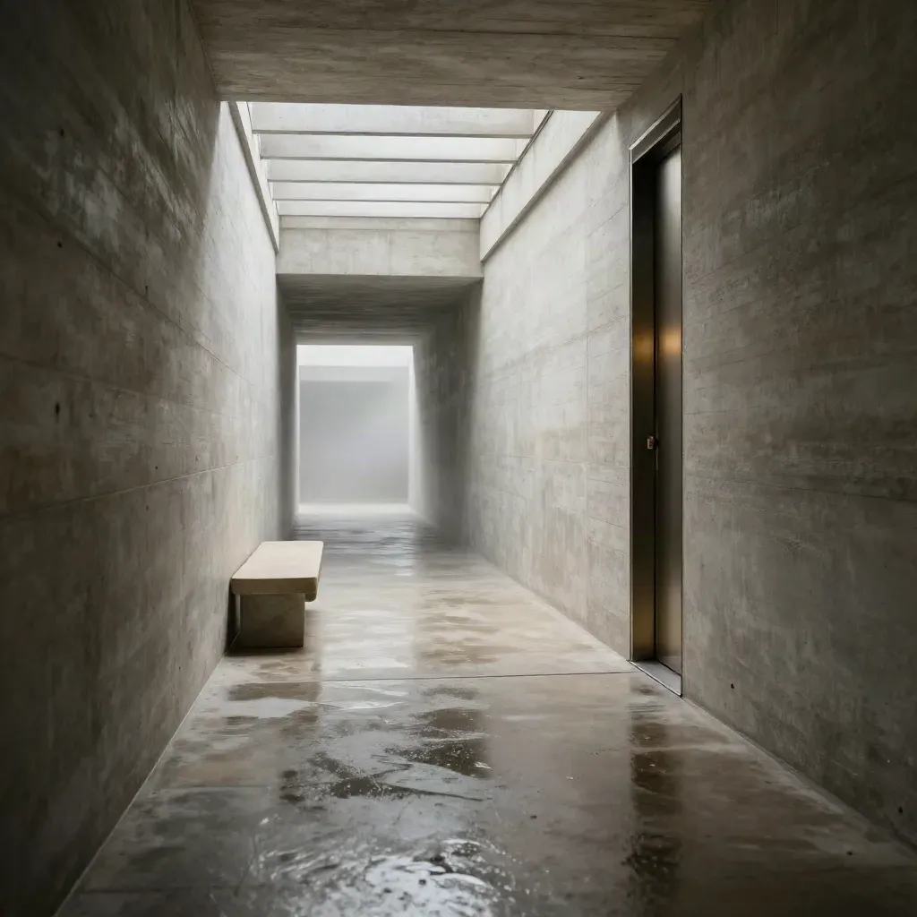 Sunlit ribbed concrete corridor with skylights, wet floor reflections, and a pale bench