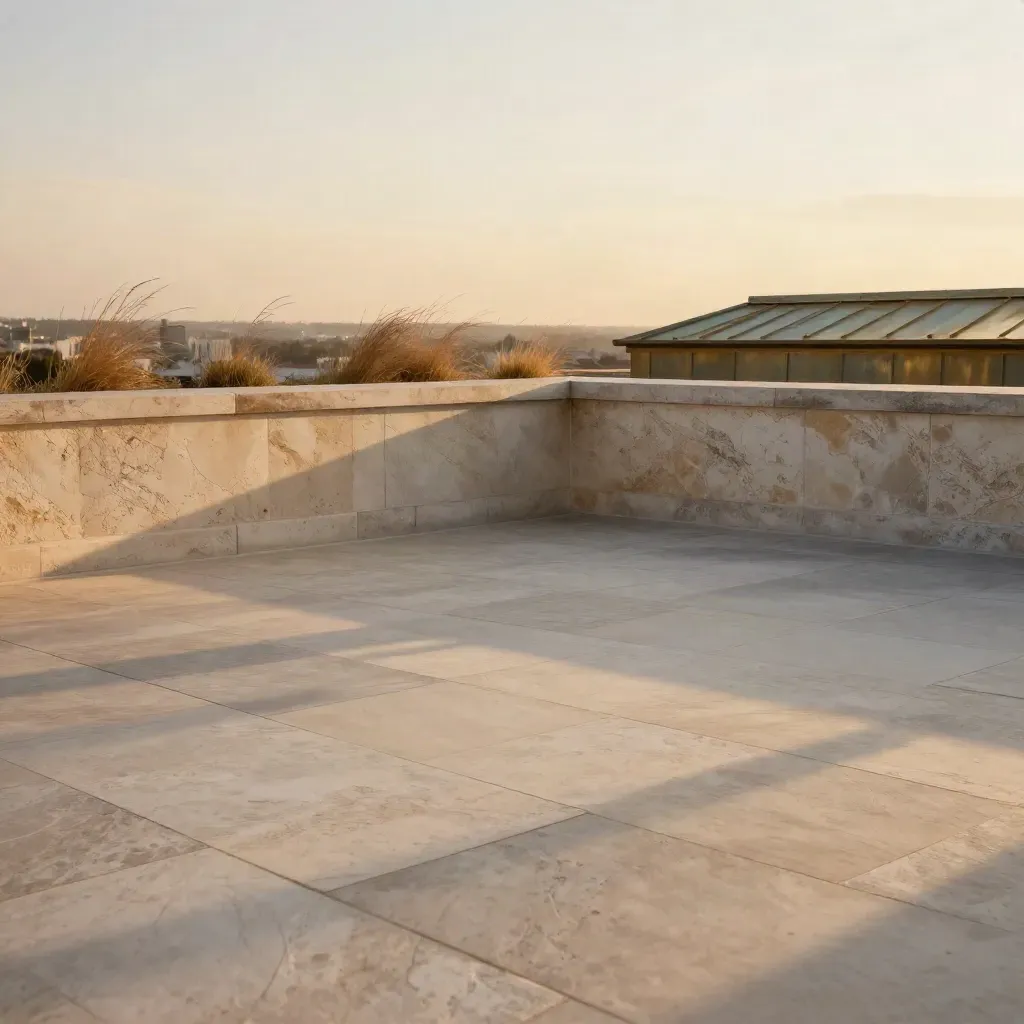Sunlit rooftop terrace with grasses, stone parapet, and hazy city edge for copy