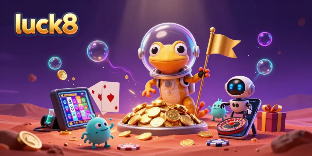 Experience luck8 as a Martian gecko finds a golden casino while surrounded by vibrant game elements.