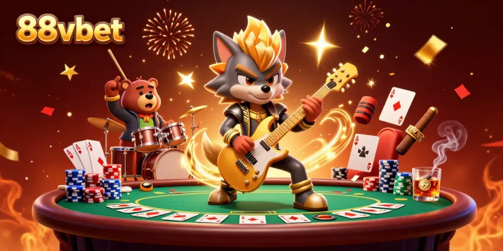 Experience the excitement of 88vbet with a vibrant casino stage featuring thrilling characters and poker elements.