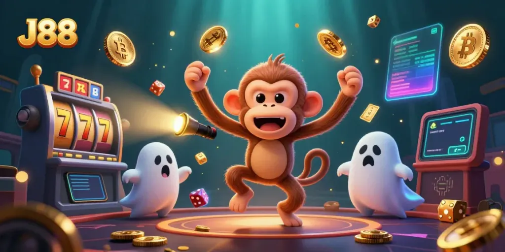 Engage with J88 as the mischievous poltergeist monkey juggles in a haunted casino scene.