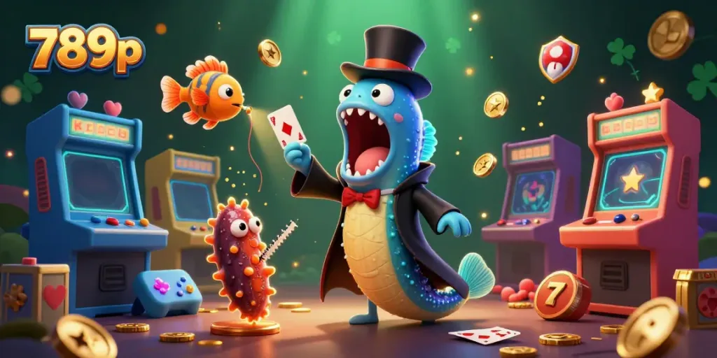 Engage with thrilling games at 789p, featuring a magic-themed underwater scene of card tricks and casino excitement.
