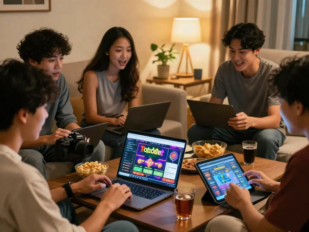 Diverse friends enjoying a modern betting experience at home with Totobet's website open.