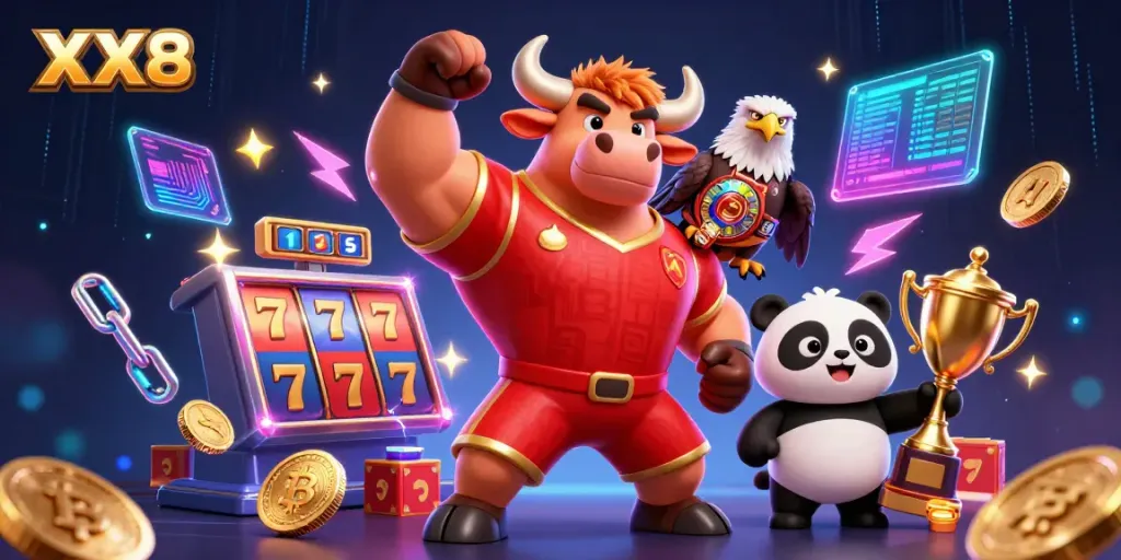 Engage with dynamic gambling action at XX8, featuring a cartoon bull, eagle, and panda amidst slot reels.