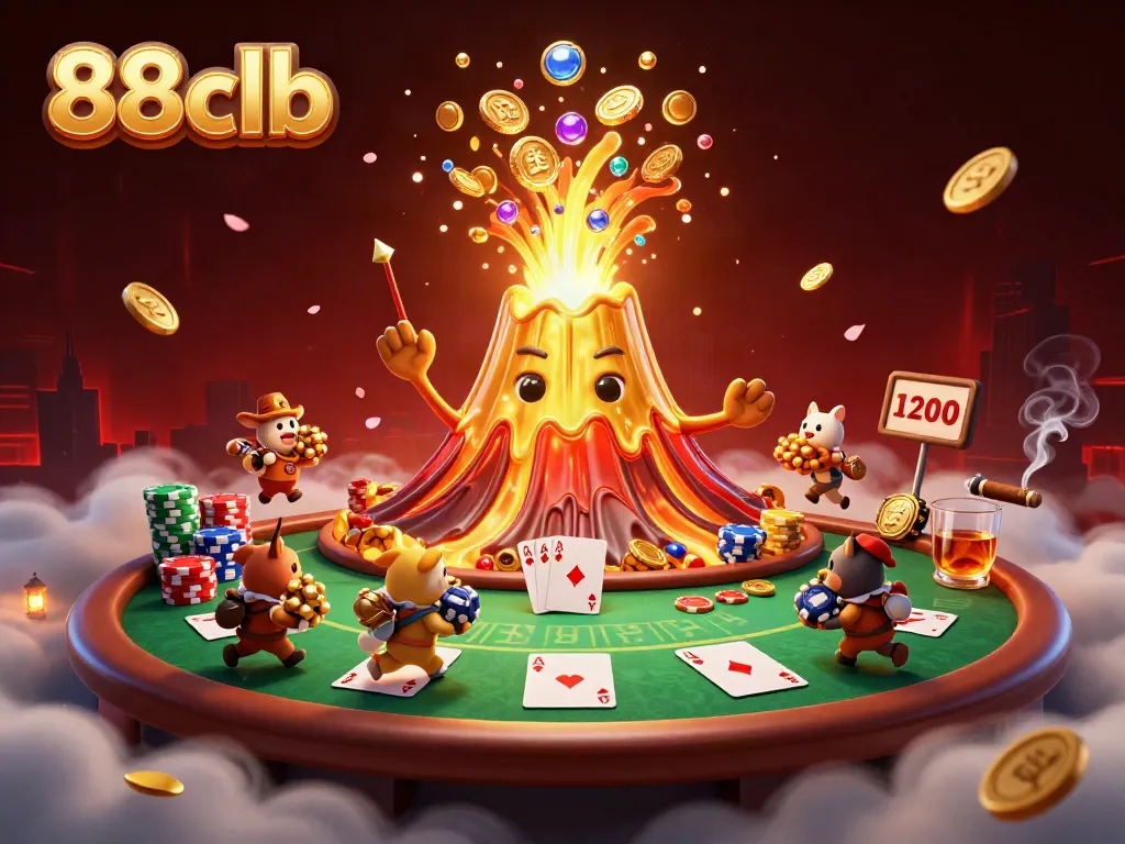 Experience thrills with 88clb's casino scene featuring a triumphant volcano and treasure elements.